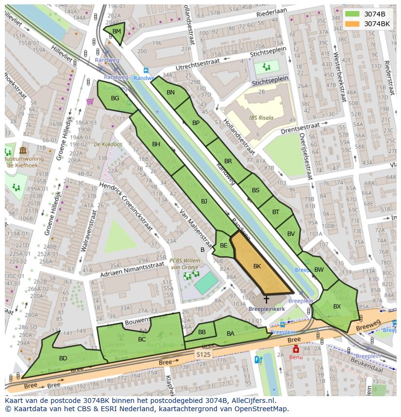 Afbeelding van het postcodegebied 3074 BK op de kaart.