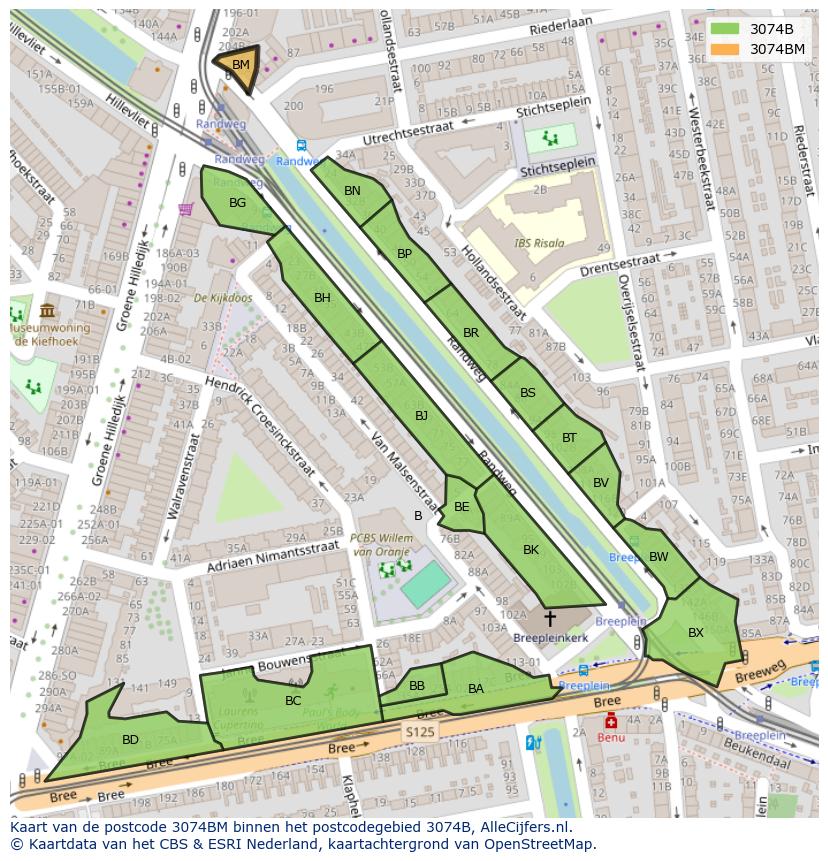 Afbeelding van het postcodegebied 3074 BM op de kaart.
