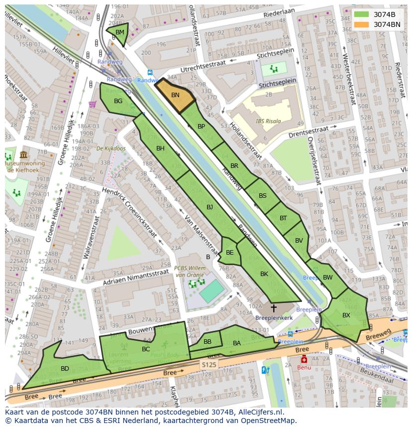 Afbeelding van het postcodegebied 3074 BN op de kaart.