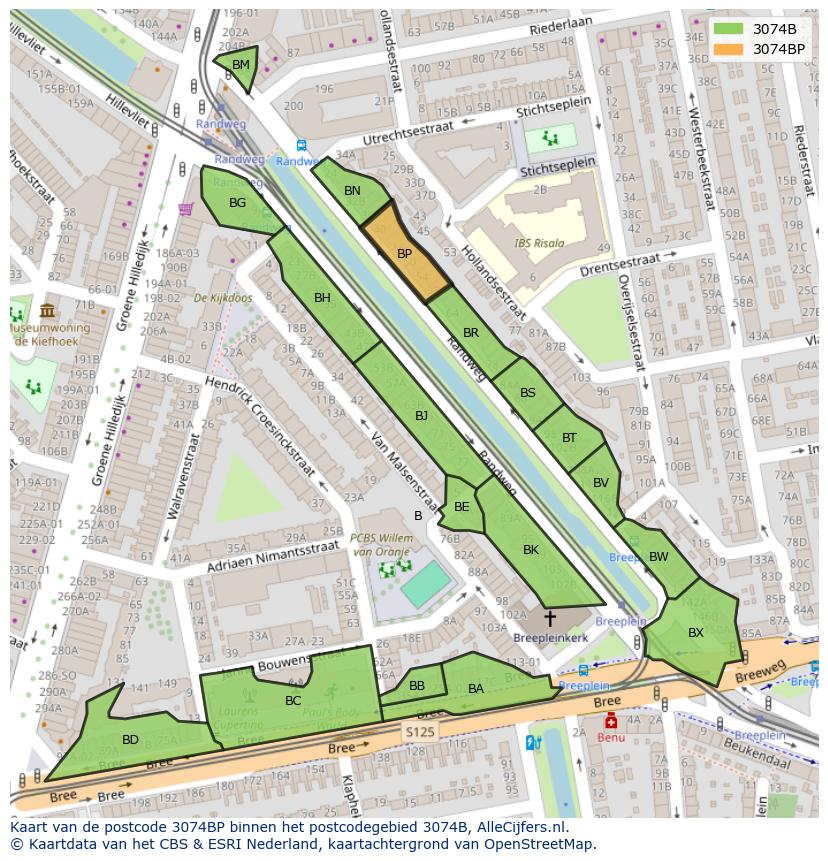 Afbeelding van het postcodegebied 3074 BP op de kaart.