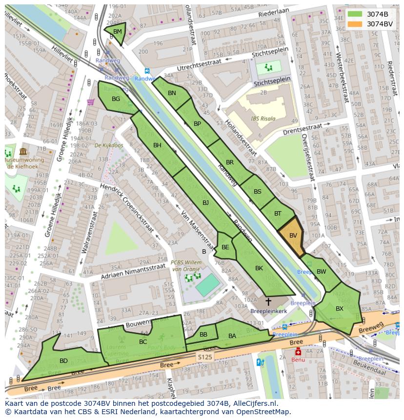Afbeelding van het postcodegebied 3074 BV op de kaart.