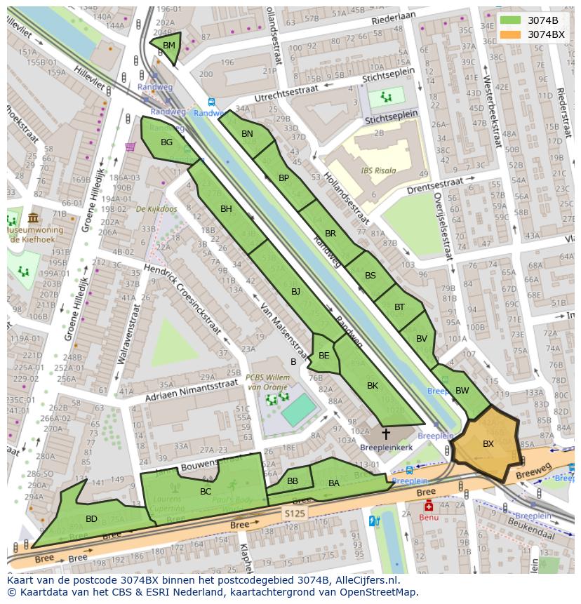 Afbeelding van het postcodegebied 3074 BX op de kaart.
