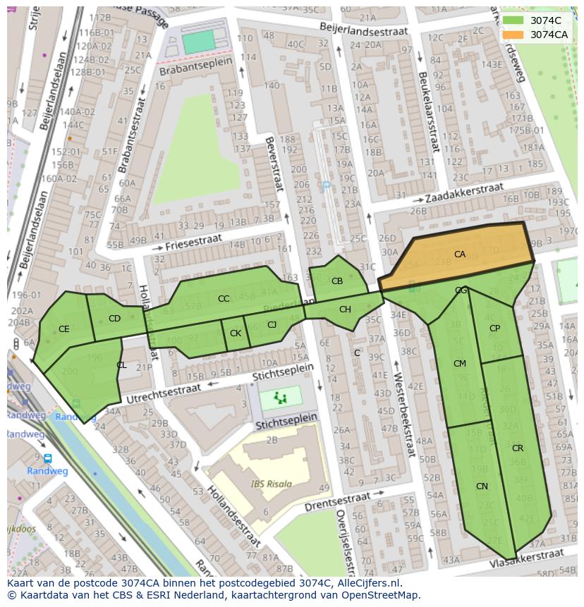Afbeelding van het postcodegebied 3074 CA op de kaart.