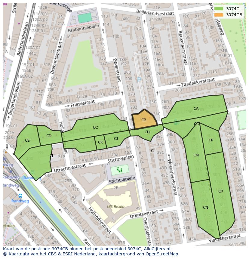 Afbeelding van het postcodegebied 3074 CB op de kaart.
