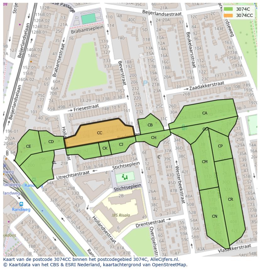 Afbeelding van het postcodegebied 3074 CC op de kaart.