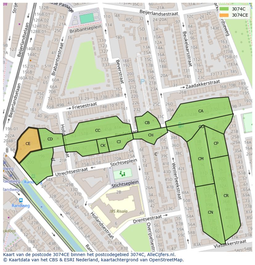 Afbeelding van het postcodegebied 3074 CE op de kaart.