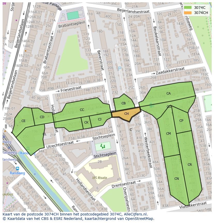 Afbeelding van het postcodegebied 3074 CH op de kaart.
