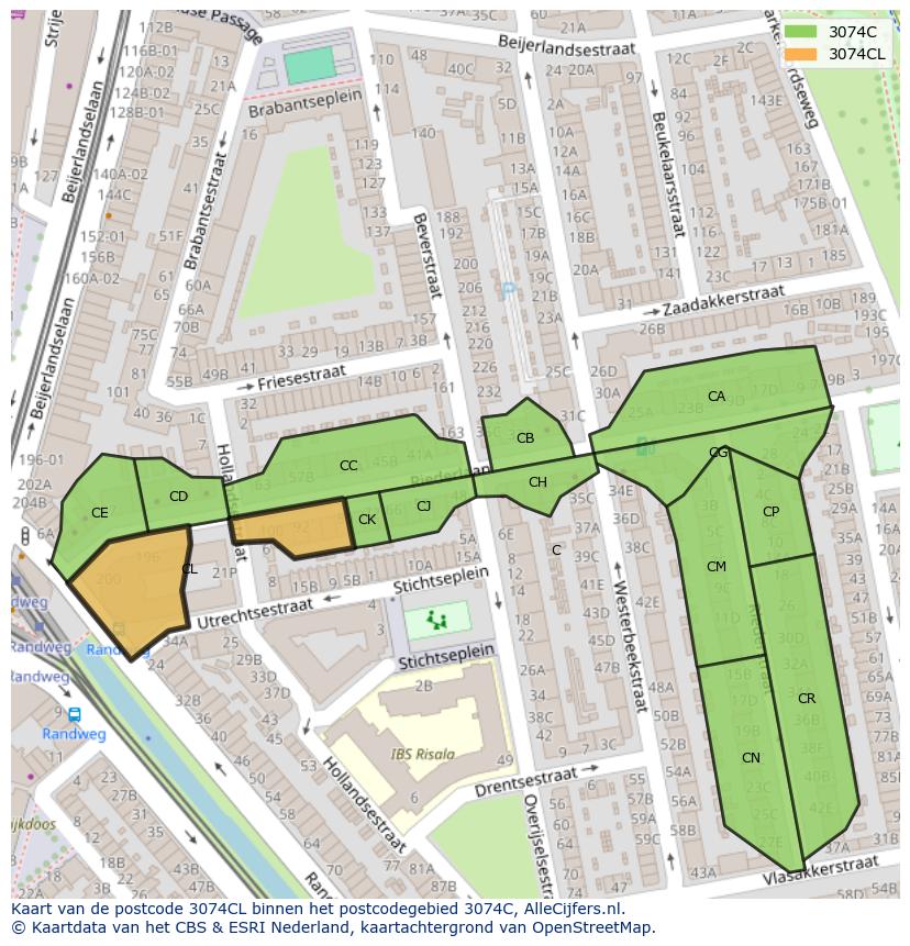 Afbeelding van het postcodegebied 3074 CL op de kaart.