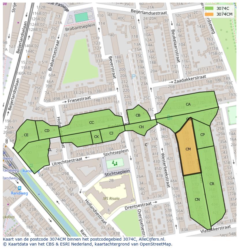 Afbeelding van het postcodegebied 3074 CM op de kaart.