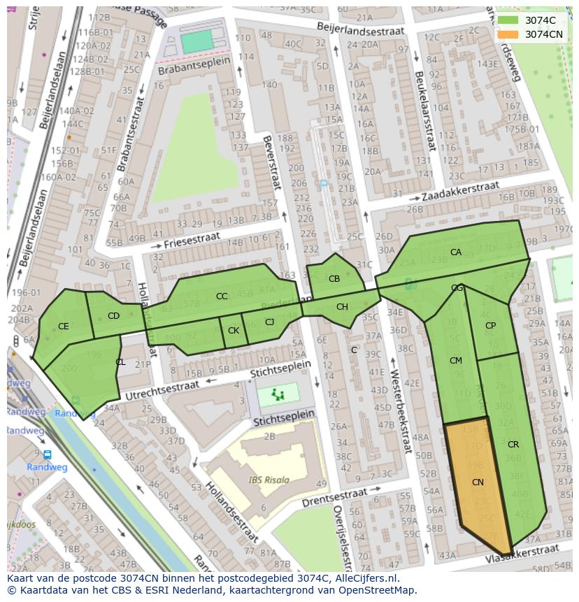 Afbeelding van het postcodegebied 3074 CN op de kaart.