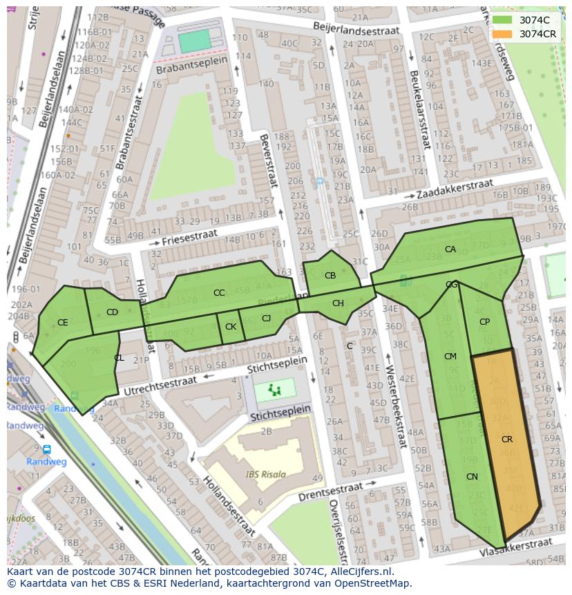 Afbeelding van het postcodegebied 3074 CR op de kaart.