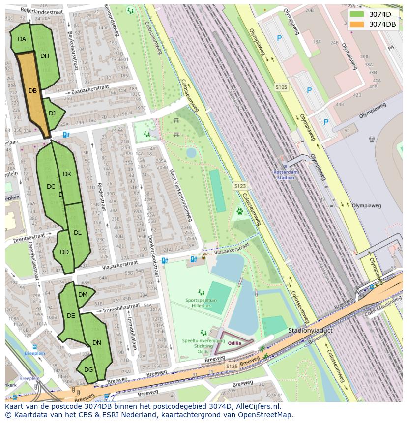 Afbeelding van het postcodegebied 3074 DB op de kaart.