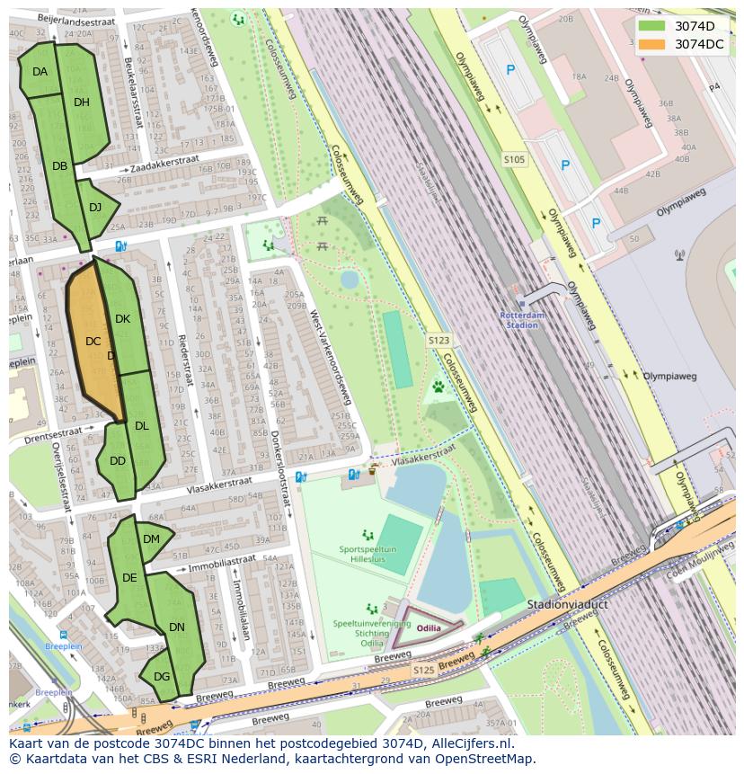 Afbeelding van het postcodegebied 3074 DC op de kaart.