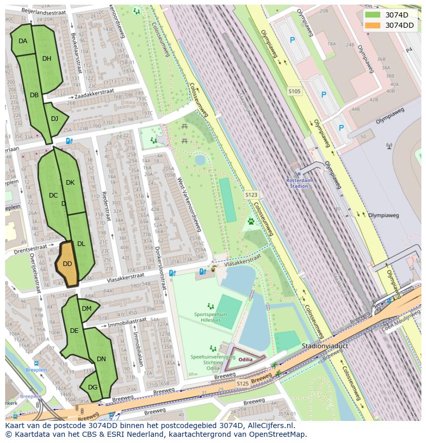 Afbeelding van het postcodegebied 3074 DD op de kaart.