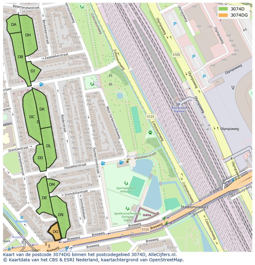 Afbeelding van het postcodegebied 3074 DG op de kaart.
