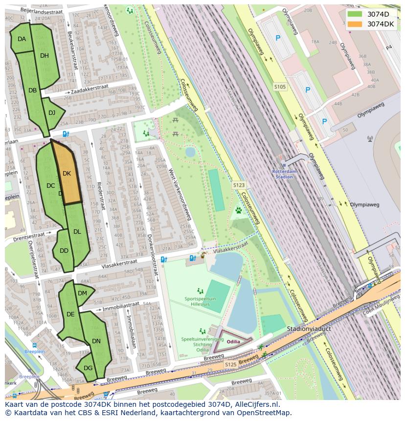 Afbeelding van het postcodegebied 3074 DK op de kaart.