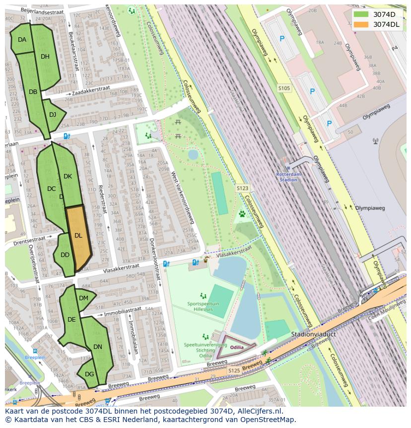Afbeelding van het postcodegebied 3074 DL op de kaart.