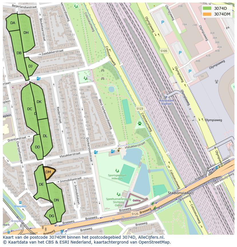 Afbeelding van het postcodegebied 3074 DM op de kaart.