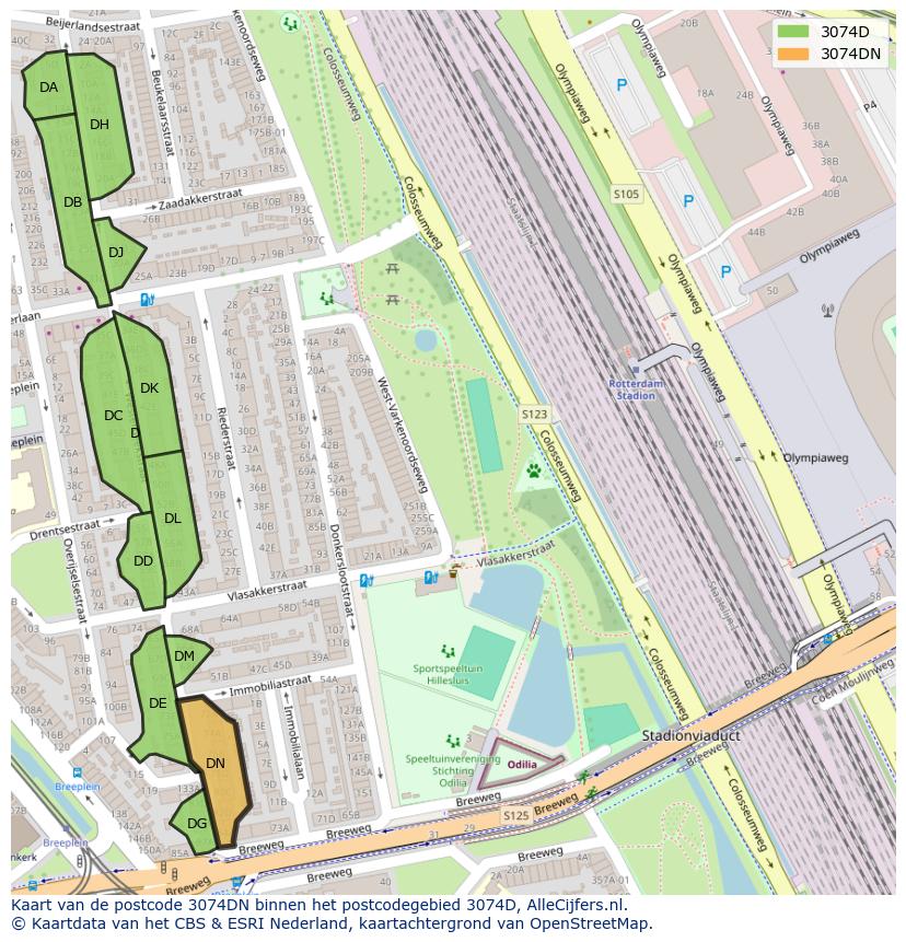 Afbeelding van het postcodegebied 3074 DN op de kaart.