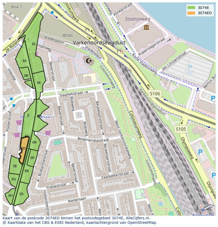 Afbeelding van het postcodegebied 3074 ED op de kaart.
