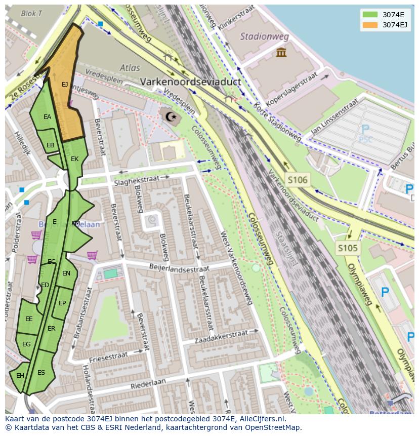 Afbeelding van het postcodegebied 3074 EJ op de kaart.