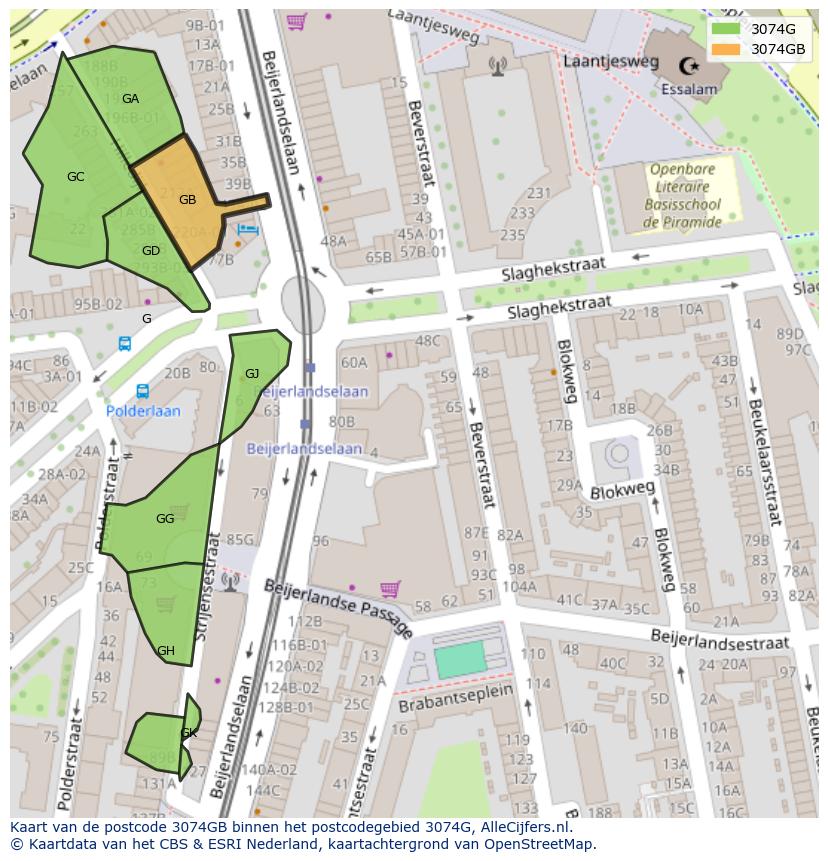 Afbeelding van het postcodegebied 3074 GB op de kaart.