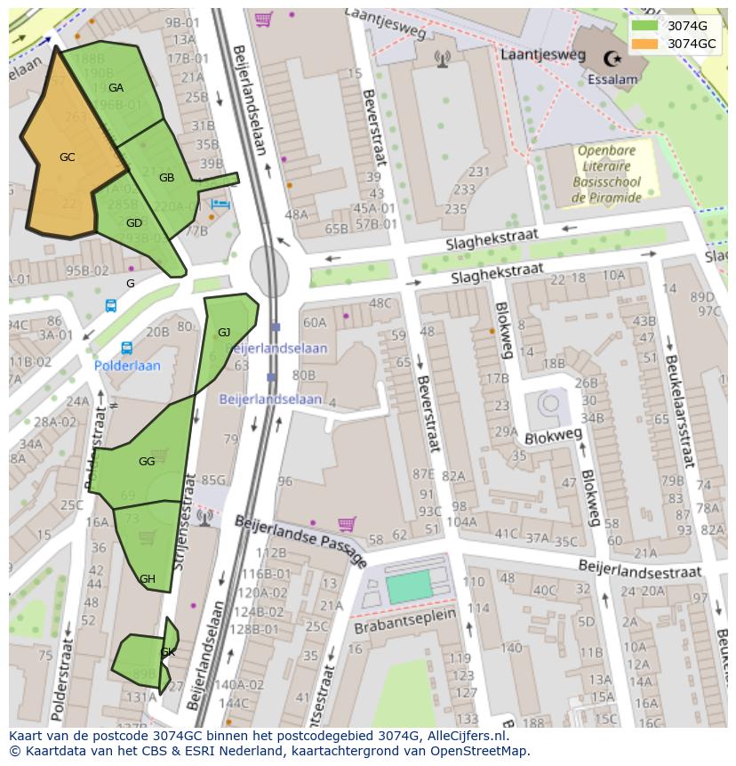 Afbeelding van het postcodegebied 3074 GC op de kaart.