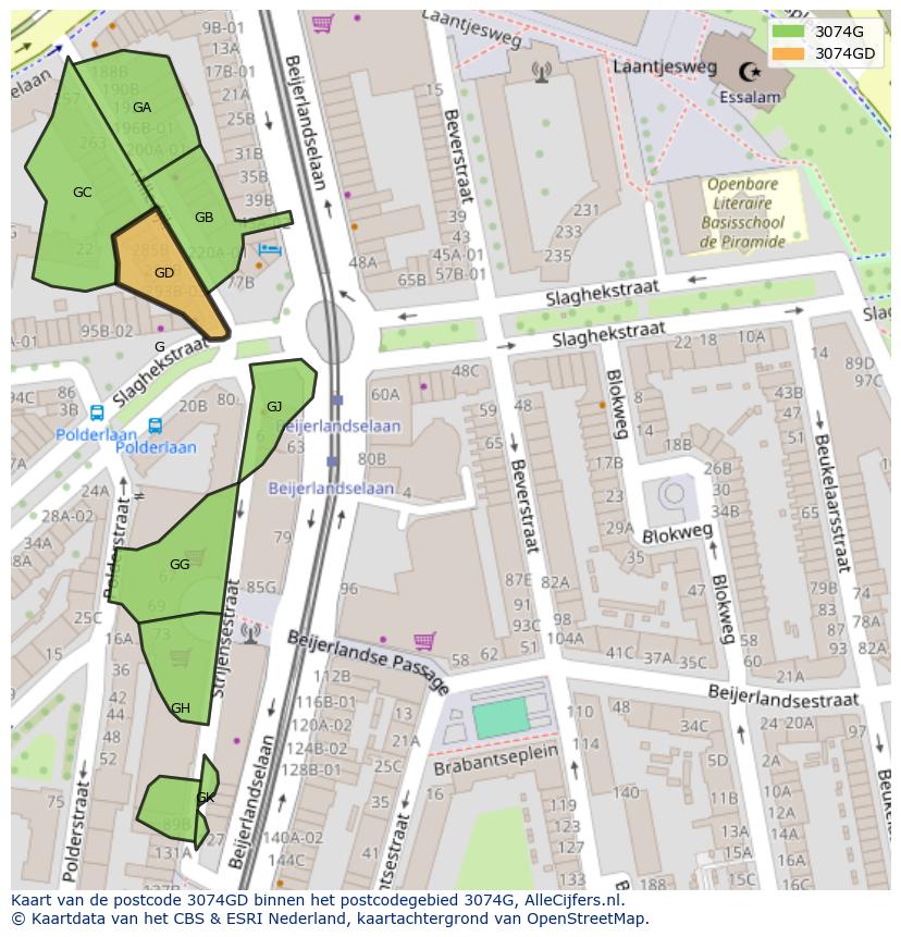 Afbeelding van het postcodegebied 3074 GD op de kaart.