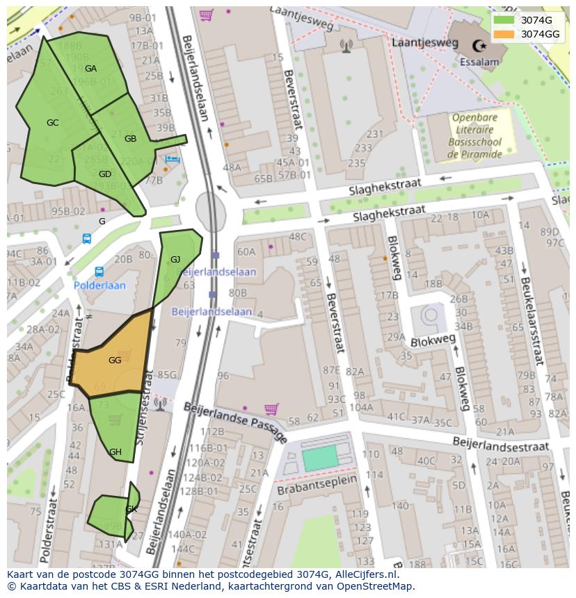 Afbeelding van het postcodegebied 3074 GG op de kaart.
