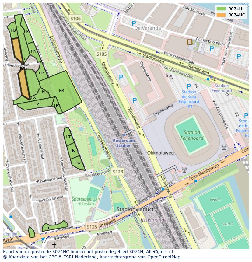 Afbeelding van het postcodegebied 3074 HC op de kaart.