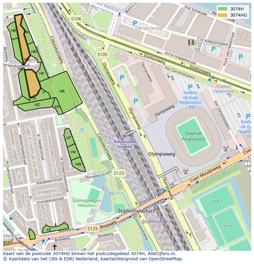 Afbeelding van het postcodegebied 3074 HG op de kaart.