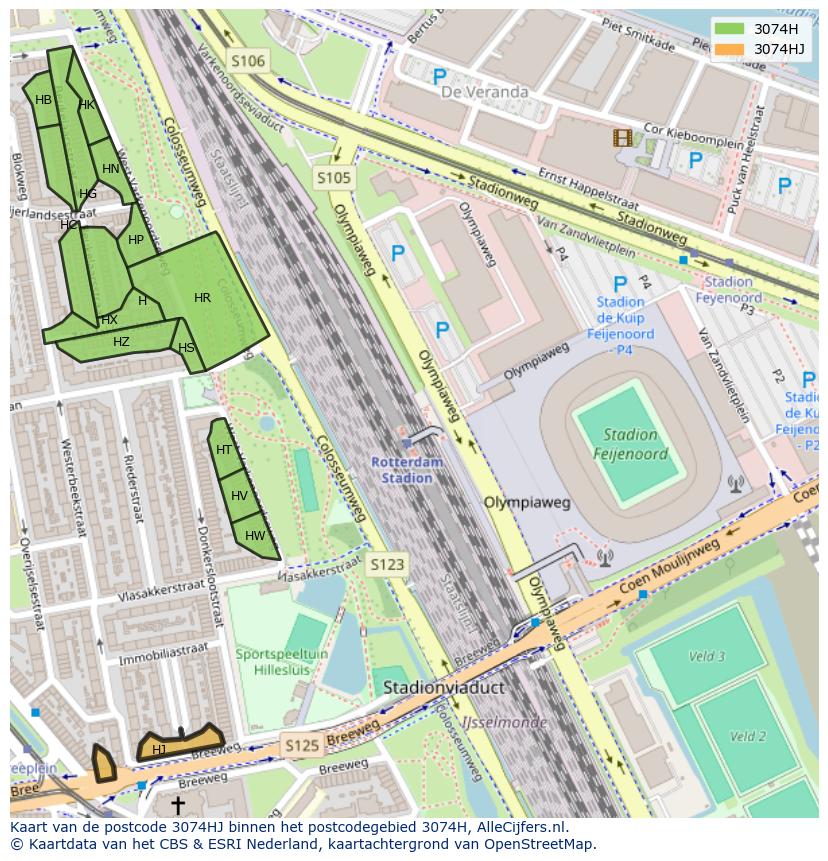 Afbeelding van het postcodegebied 3074 HJ op de kaart.