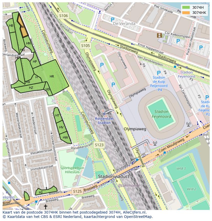 Afbeelding van het postcodegebied 3074 HK op de kaart.