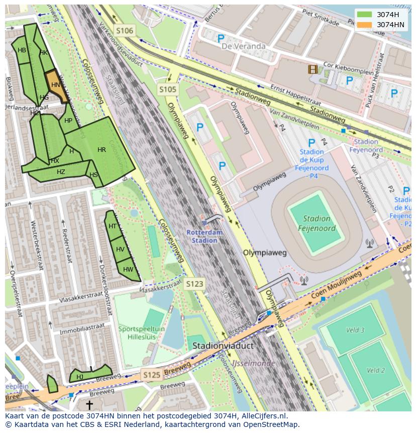 Afbeelding van het postcodegebied 3074 HN op de kaart.