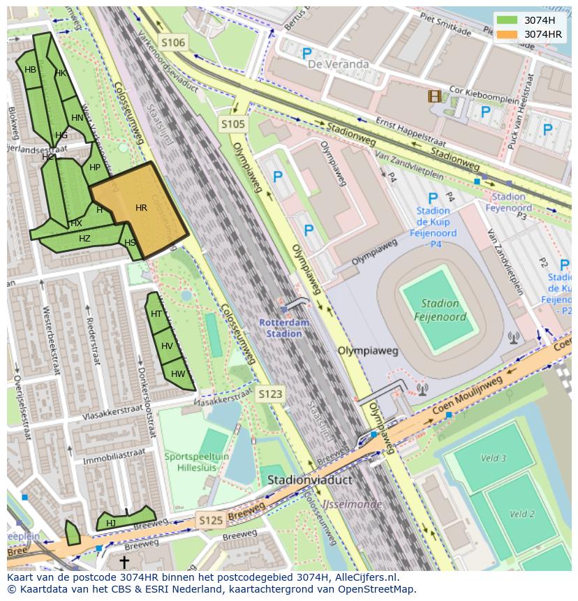Afbeelding van het postcodegebied 3074 HR op de kaart.