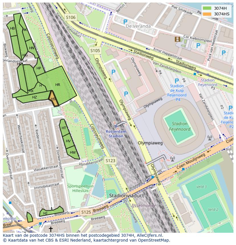 Afbeelding van het postcodegebied 3074 HS op de kaart.