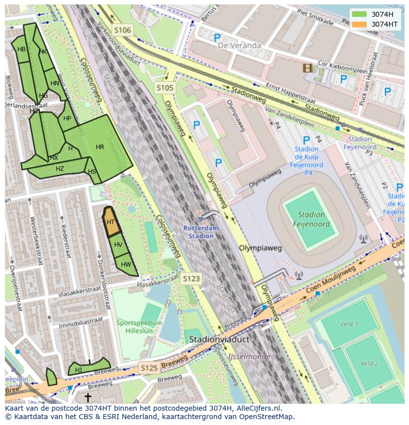 Afbeelding van het postcodegebied 3074 HT op de kaart.