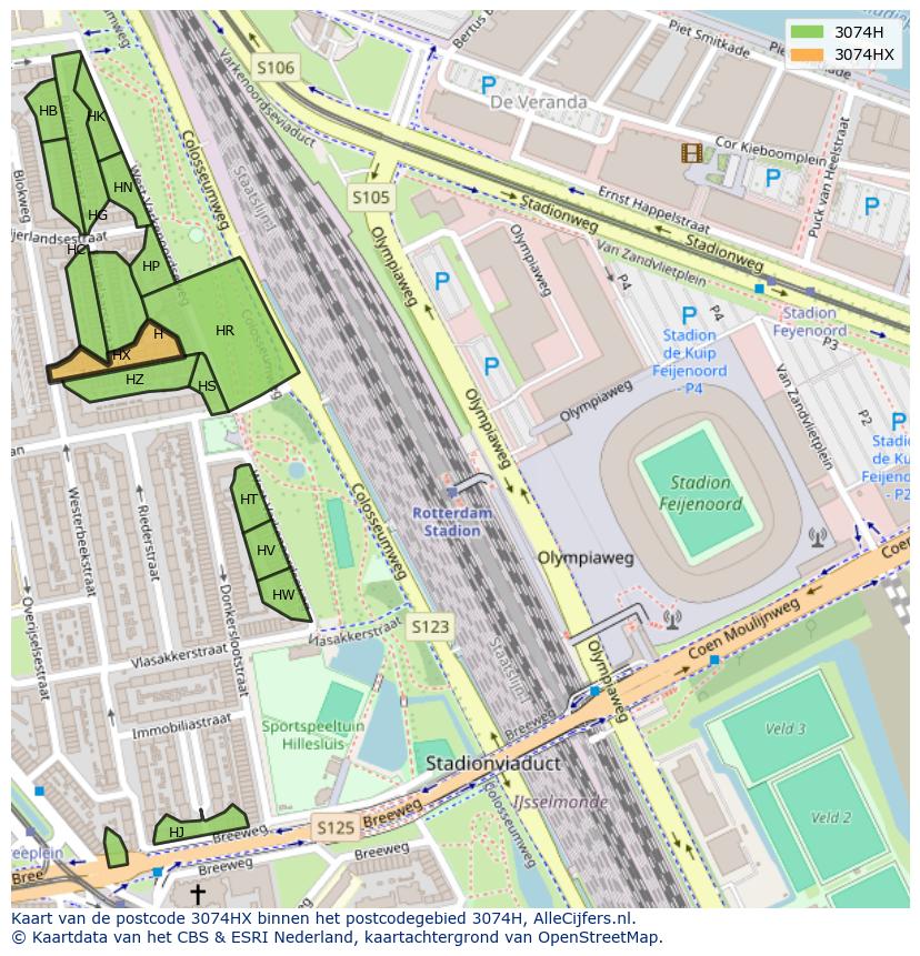 Afbeelding van het postcodegebied 3074 HX op de kaart.