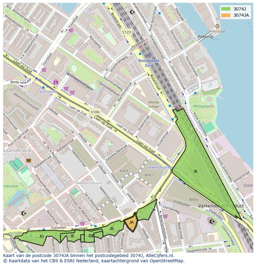 Afbeelding van het postcodegebied 3074 JA op de kaart.