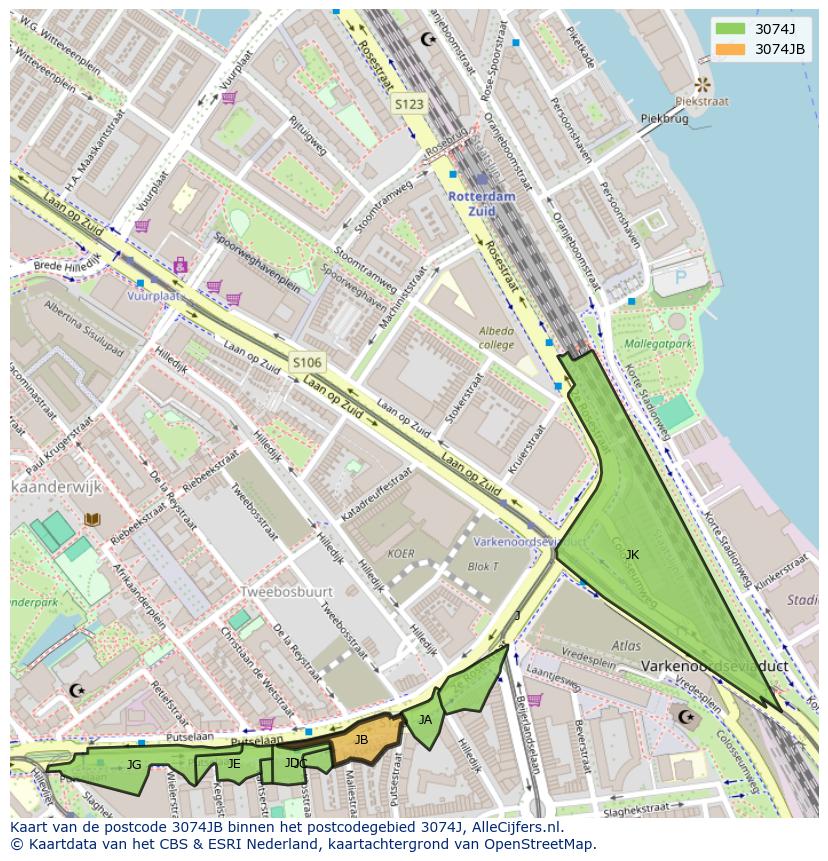 Afbeelding van het postcodegebied 3074 JB op de kaart.
