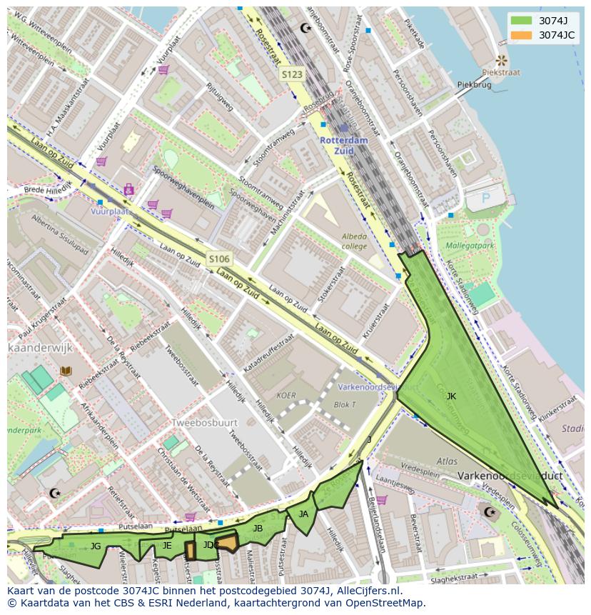 Afbeelding van het postcodegebied 3074 JC op de kaart.