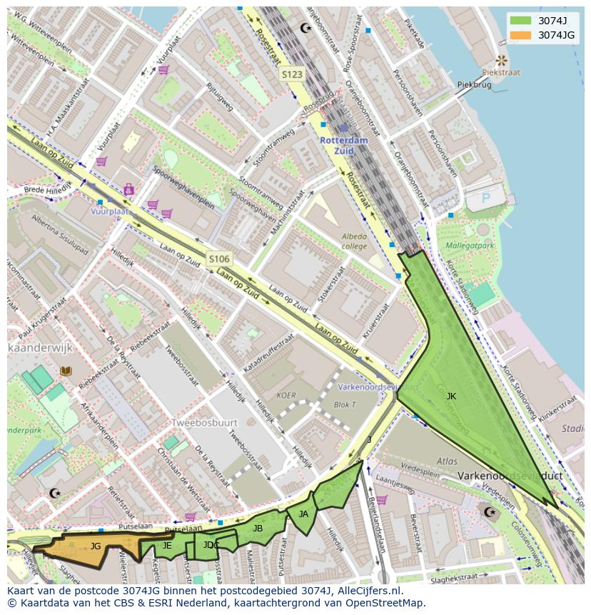Afbeelding van het postcodegebied 3074 JG op de kaart.