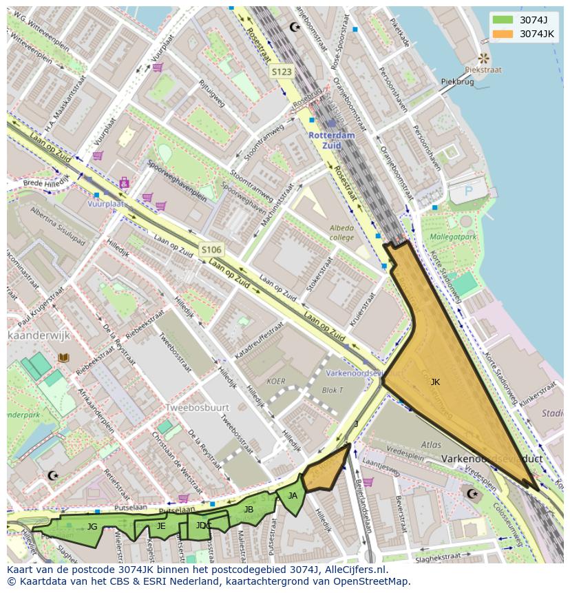 Afbeelding van het postcodegebied 3074 JK op de kaart.