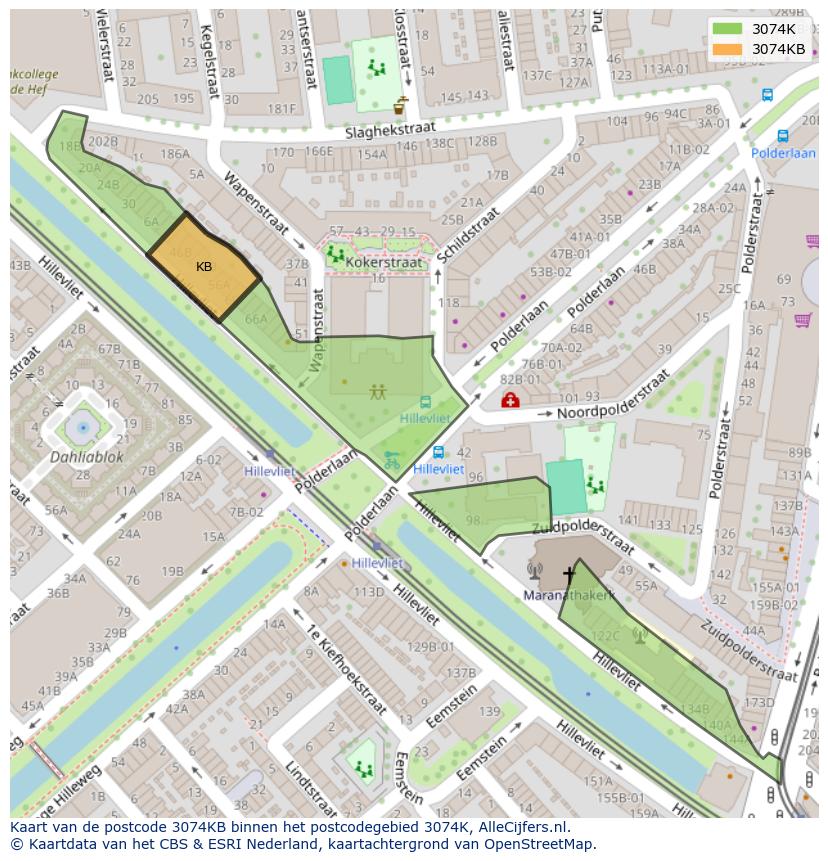 Afbeelding van het postcodegebied 3074 KB op de kaart.