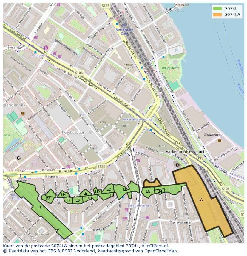 Afbeelding van het postcodegebied 3074 LA op de kaart.