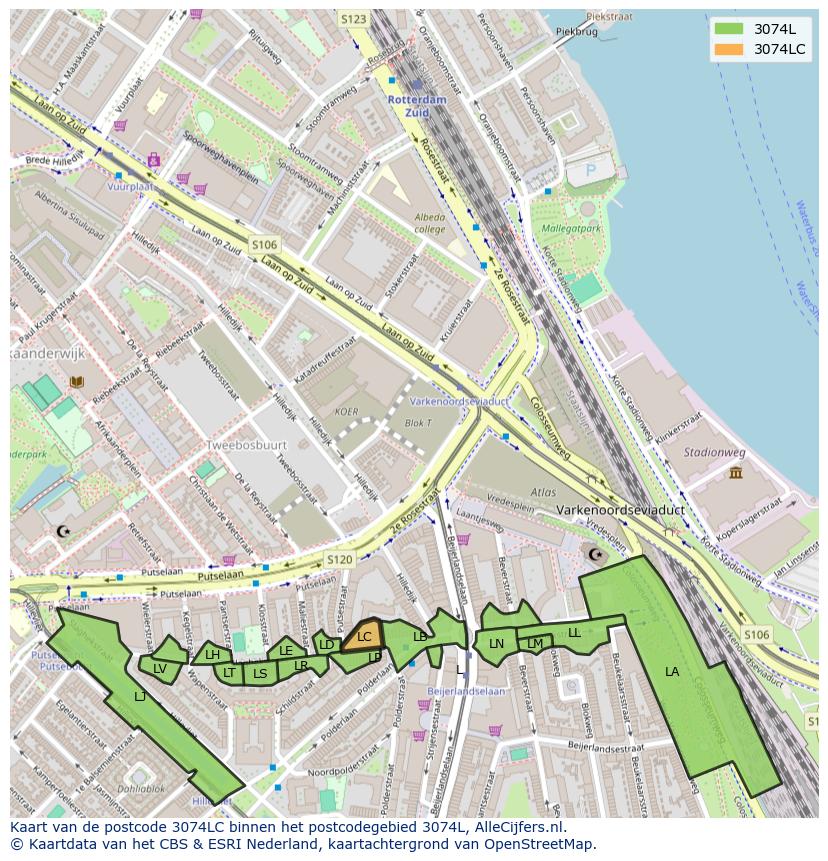 Afbeelding van het postcodegebied 3074 LC op de kaart.