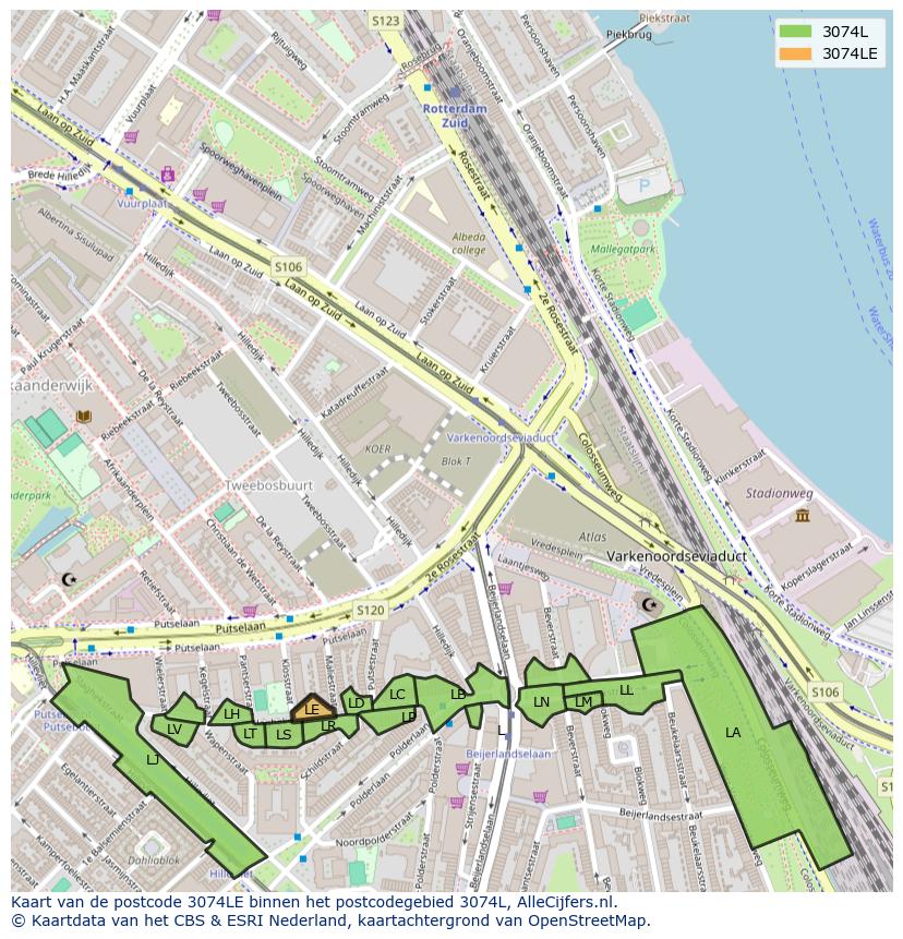 Afbeelding van het postcodegebied 3074 LE op de kaart.