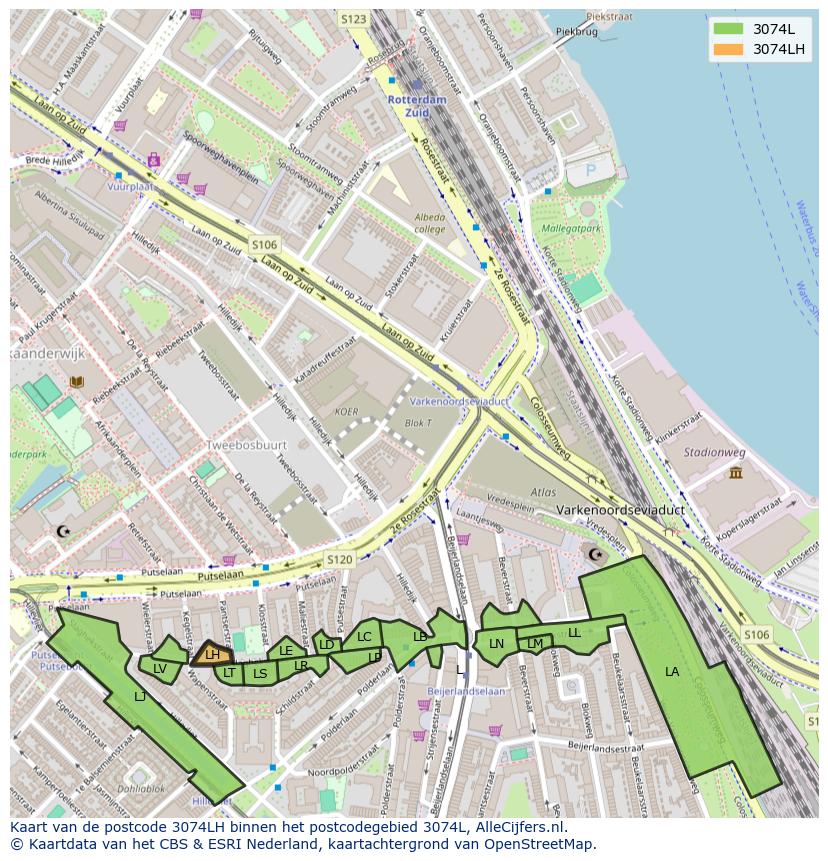 Afbeelding van het postcodegebied 3074 LH op de kaart.