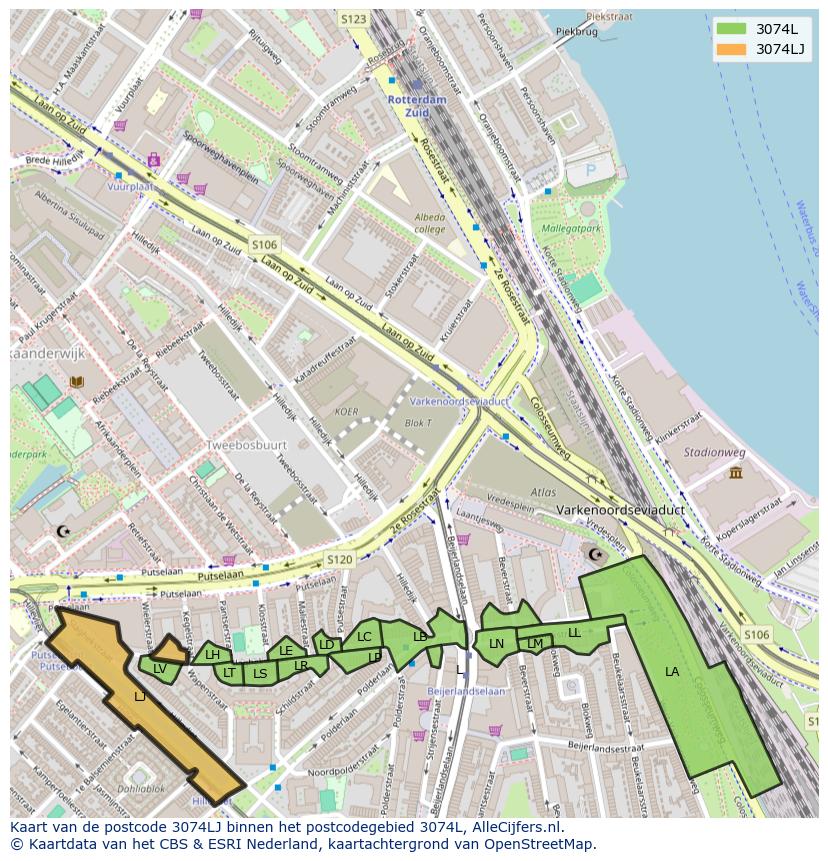 Afbeelding van het postcodegebied 3074 LJ op de kaart.