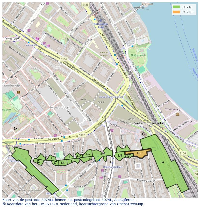 Afbeelding van het postcodegebied 3074 LL op de kaart.